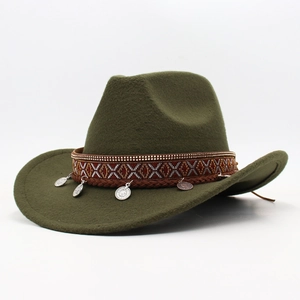 Dark green wool felt cowboy hat with ethnic woven band and vintage silver coins