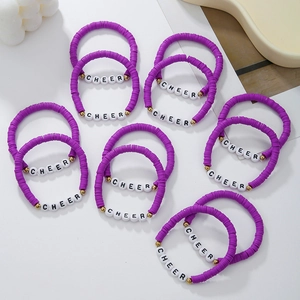 Set of 12 purple clay bead friendship bracelets with CHEER letter beads and gold accents