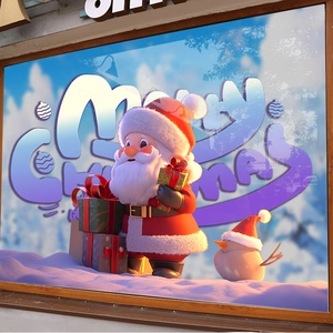 3D Santa Claus window sticker with gift and bird for festive glass shop decoration