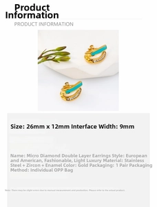 Detail view of 26mm gold stainless steel double-layer earrings with blue enamel and zircons