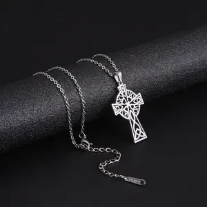 Polished stainless steel Celtic cross pendant necklace with hollow woven design for men