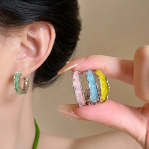 Boucles D'oreilles Créoles En Forme De C Avec Tige En Argent Alliage Texture Pierre Concassée Bijoux De Mode Géométriques Pour Femmes