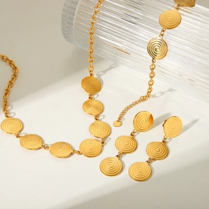18k gold plated stainless steel jewelry set featuring spiral textured round disk pendants