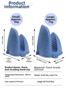 Blue shark silicone oven mitt set with size specs and -40 to 230 degrees Celsius heat range