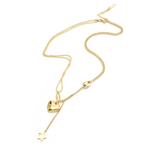 Gold layered stainless steel heart and star pendant necklace on white background