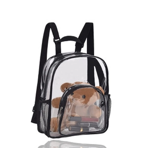 Close-up of clear PVC backpack featuring a brown teddy bear and lipsticks inside