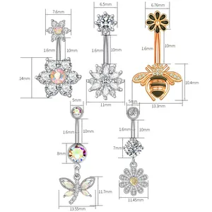 Detailed size chart showing dimensions for five different zircon belly ring styles