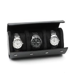 Premium black PU leather watch roll with 3 slots and secure metal snap buttons