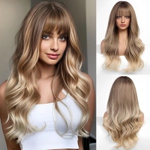 Detailed views of long wavy ombre blonde wig with bangs on model and mannequin stand