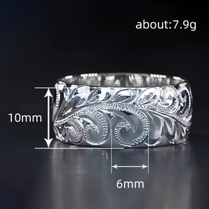 Polished silver ring with embossed vine pattern and 10mm width for women fashion
