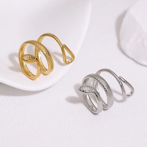 Bagues serpent ajustables en acier inoxydable plaqué or 18k et argent avec texture écailles