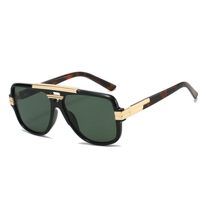 Retro square sunglasses with thick black frame and golden metal bar decoration