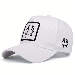 Close-up of white outdoor baseball cap featuring black dripping smiley face embroidery