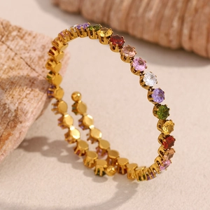 Elegant 18K gold-plated stainless steel open bangle with colorful zircon stones