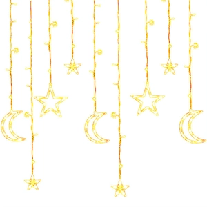 Solar LED star and moon curtain lights in warm white for outdoor Christmas decoration