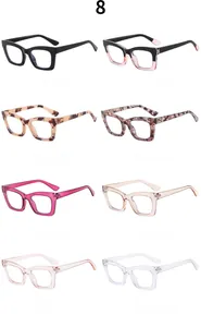 Collection of eight stylish cat-eye anti-blue light glasses in diverse colors and patterns