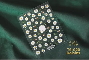 Detail view of 3D Daisy and Honeybee nail art stickers TS-020 on green silk background