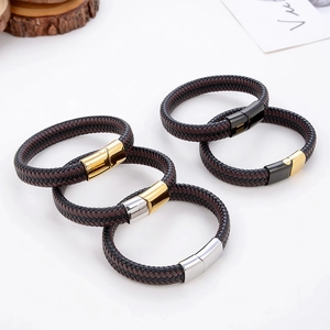 Braided leather bracelets with magnetic stainless steel clasps in gold, silver, and black