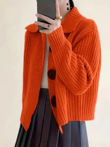 Women Knit Cardigan Loose Fit Lapel Collar Large Buttons Chunky Knitwear Plus Size Long Sleeve Casual Outerwear