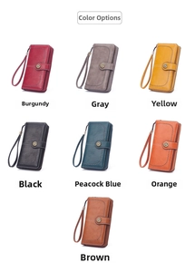 Women long vintage wallet clutch multi-color leather purse with wrist strap and zipper