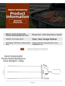 Detailed size specifications for the stainless steel semi-automatic 3-way BBQ skewer fork