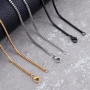 Polished stainless steel box chain necklaces in gold, silver, and black with lobster clasps