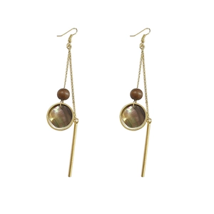 Vintage wood bead and black shell tassel drop earrings with gold metal accents