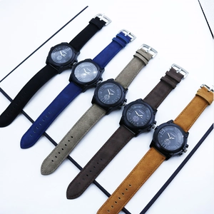 Group display of men's leather quartz watches in five colors with matte black case