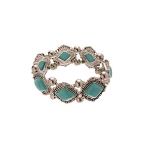 Vintage bohemian stretch bracelet with silver alloy engraving and square turquoise stones