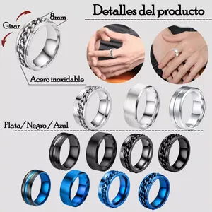 Detail display of 8mm stainless steel rings featuring rotating chains and brushed finish