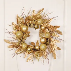 Gold Christmas Wreath Garland Artificial Leaves With Ball Ornaments LED Lights For Front Door Wall Hanging Xmas Party Decor