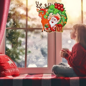 DIY Christmas diamond painting stickers with Santa and reindeer on window glass