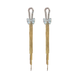 Elegant gold plated bow long tassel earrings with sparkling zircon stones for women