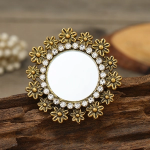 Bohemian vintage gold flower ring with round mirror center and sparkling rhinestones
