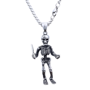 Punk style stainless steel skeleton warrior necklace with dagger in retro silver finish