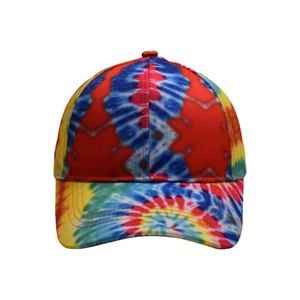 Detailed view of vibrant red tie-dye baseball cap with colorful pattern and stitching