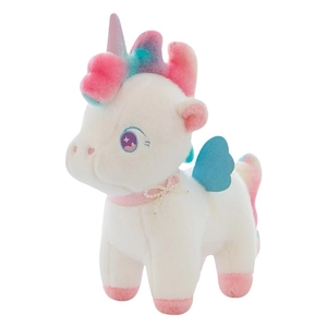 Plush colorful unicorn toy with pink rainbow mane, blue wings and pearl necklace detail