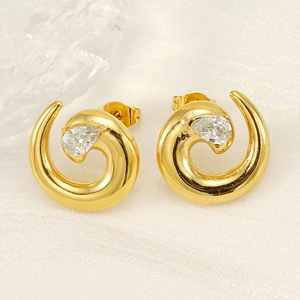 Vintage spiral gold-plated titanium steel earrings with pear-shaped cubic zirconia
