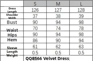 Detailed size chart for V-neck velvet midi dress with measurements in cm for S M L
