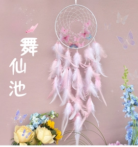 Detail of pink and white dream catcher featuring mesh net, feathers and butterfly accents