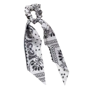 White paisley print silk scrunchie with long ribbons for elegant ponytail styling