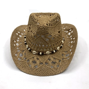 Khaki hollow-out woven straw cowboy hat with shell beads and decorative ethnic band