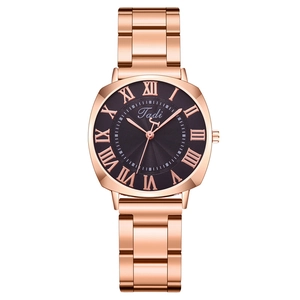 Elegant Women Quartz Watch Rose Gold Metal Link Strap Roman Numeral Sunburst Dial Round Analog Wristwatch