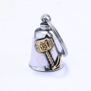 Silver stainless steel bell pendant featuring a golden Viking Mjolnir Thor hammer motif