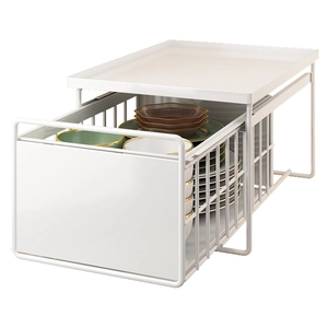 White pull-out kitchen sink organizer with metal frame and sliding drawers for dishes