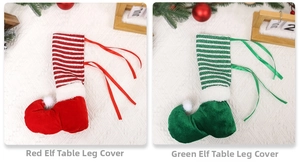 Detail of Christmas elf leg covers with striped ribbons for chair and table decor