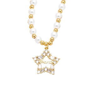 Minimalist pearl necklace with a gold star mama pendant and sparkling zircon stones