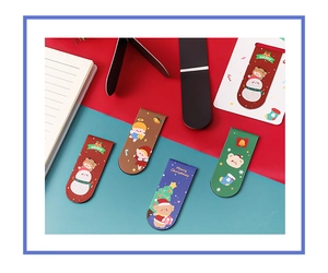 Set of 5 cartoon Christmas magnetic bookmarks featuring Santa and snowman patterns