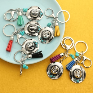 Bohemian alloy cowboy hat keychain with turquoise bead and colorful tassel charms