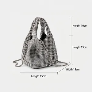 Silver rhinestone bucket bag with dimensions 15x15x15cm and dual top handles